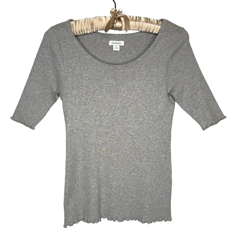 Sundance Top M Gray Ribbed Knit Ruffle Hem Half Sleeve 100% Cotton Basic Capsule